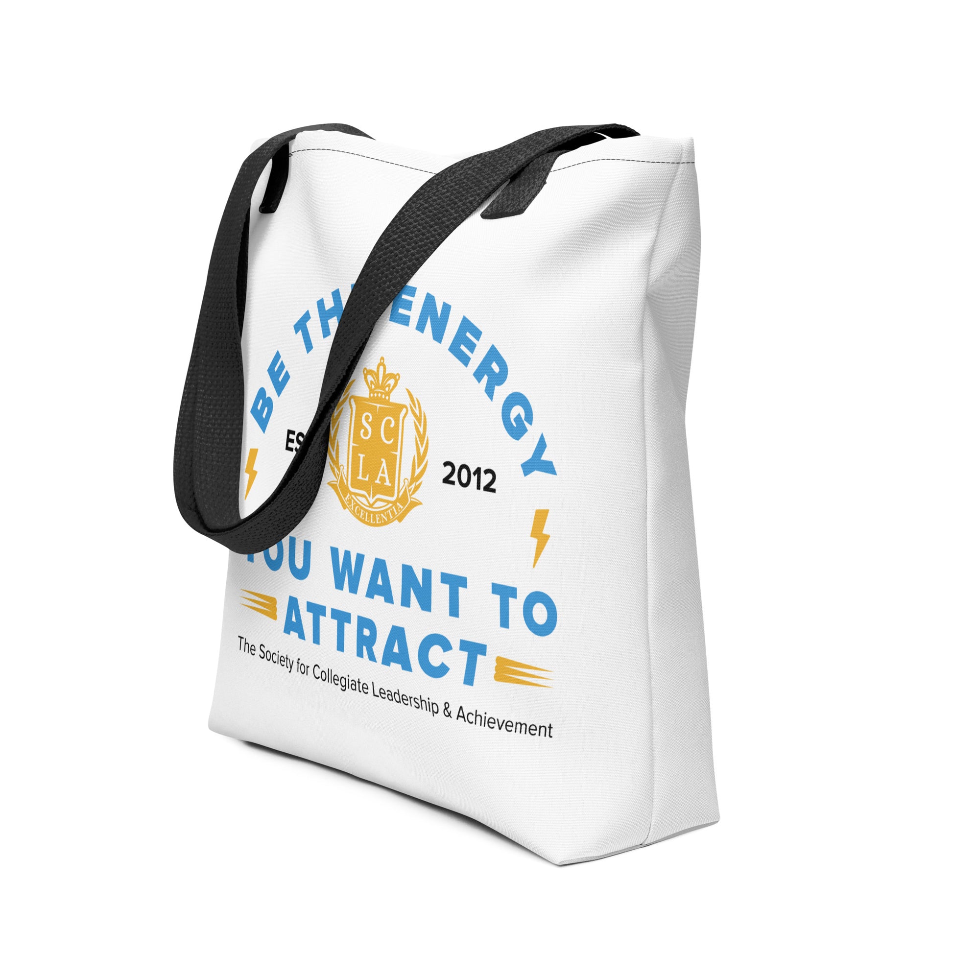 White tote bag with black strap featuring text and logo on a white background