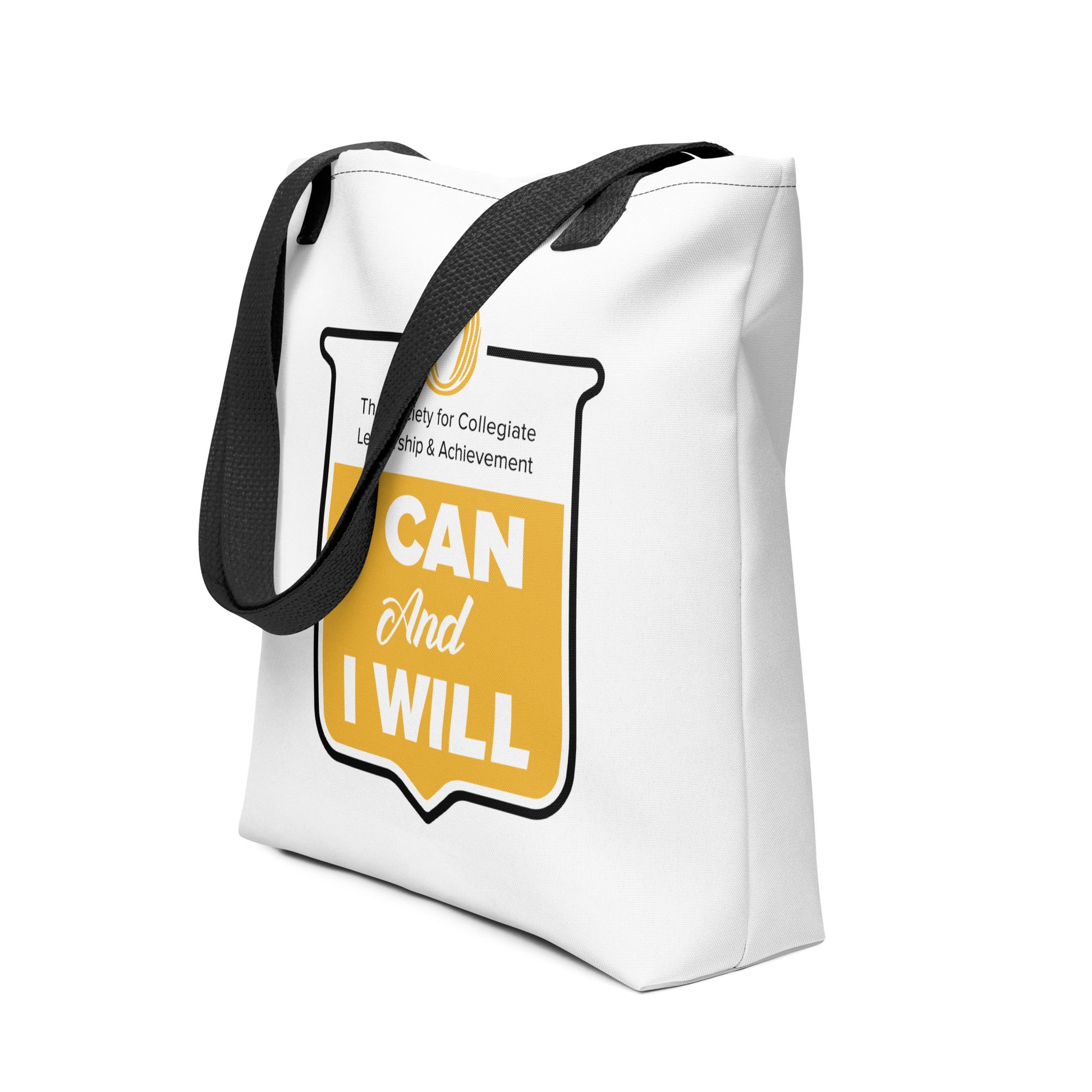 White tote bag with yellow and black graphic on a white background