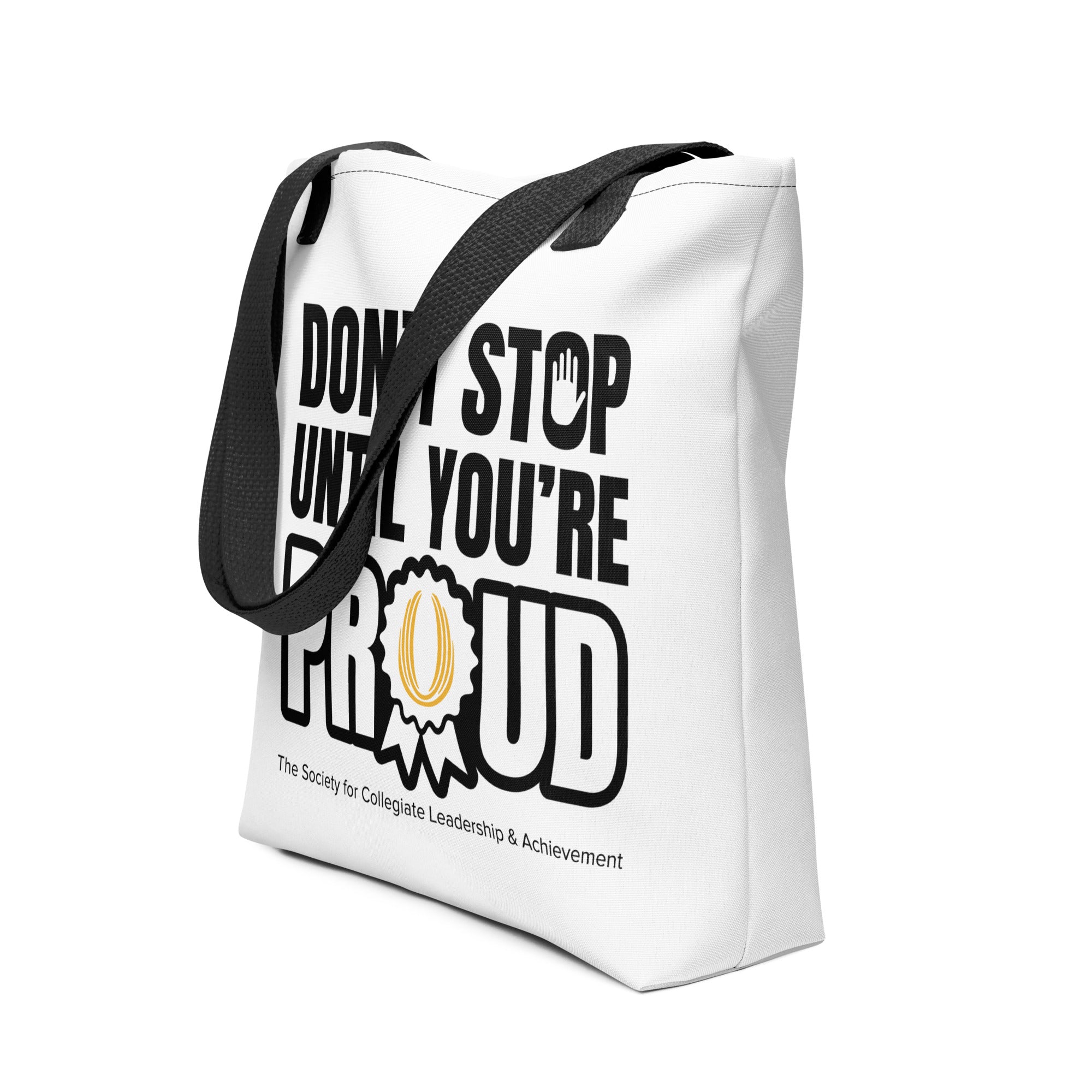 White tote bag with black text and a gold emblem on a white background
