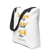 White tote bag with motivational text and black strap on a white background