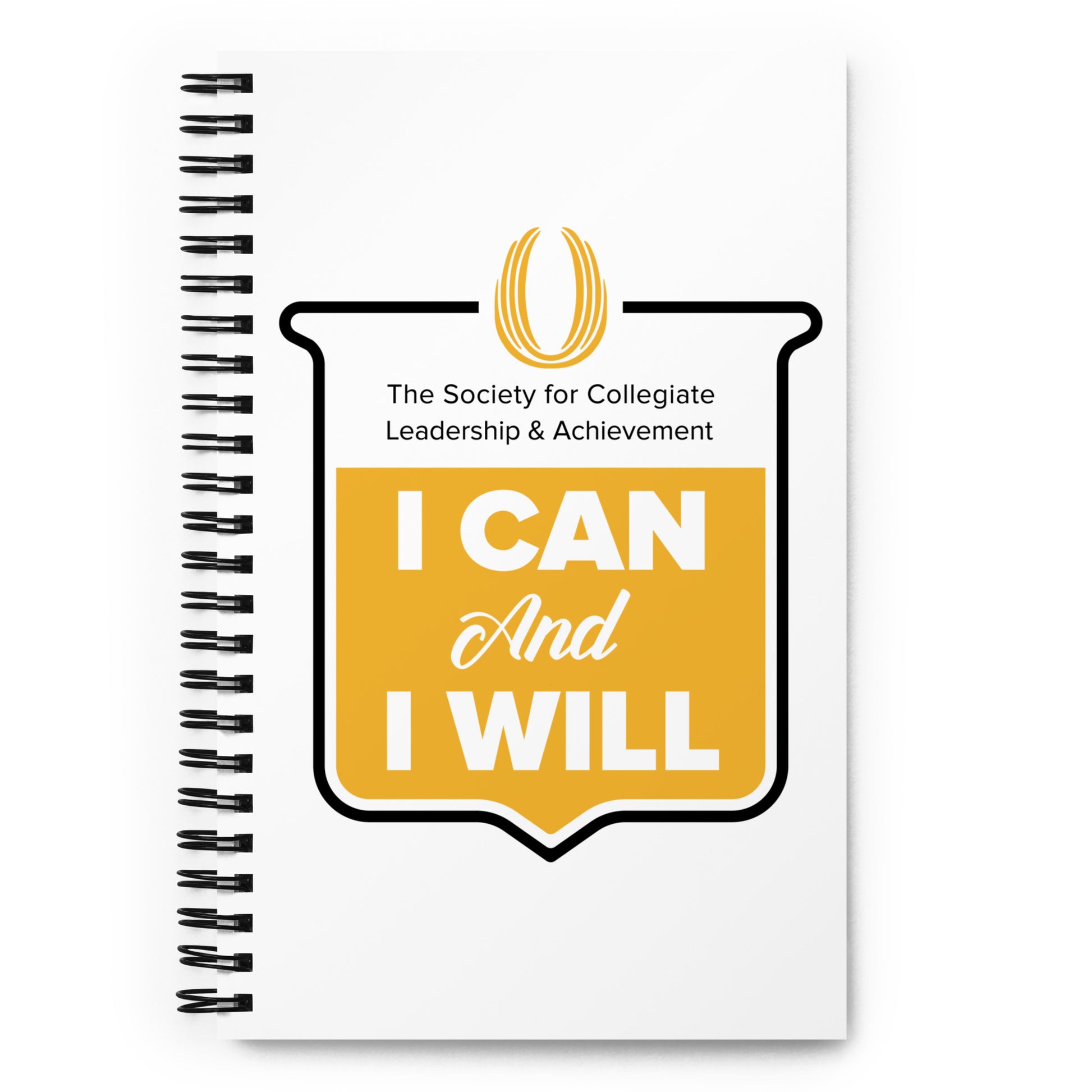 Notebook with 'I Can and I Will' quote and logo on a white background