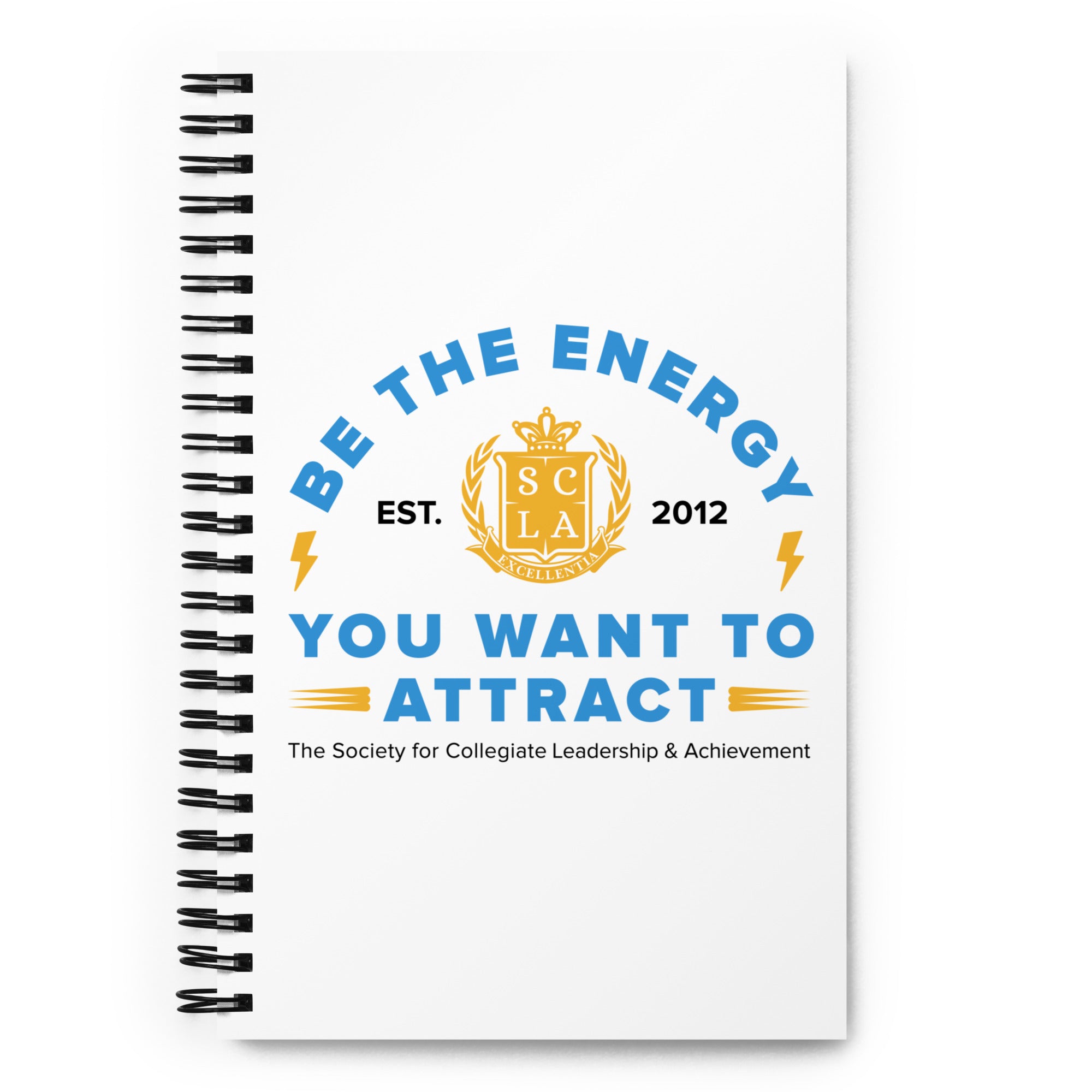 Notebook with motivational quote and logo on a white background