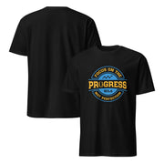 Black t-shirt with 'Focus on the Progress, Not Perfection' design on a white background