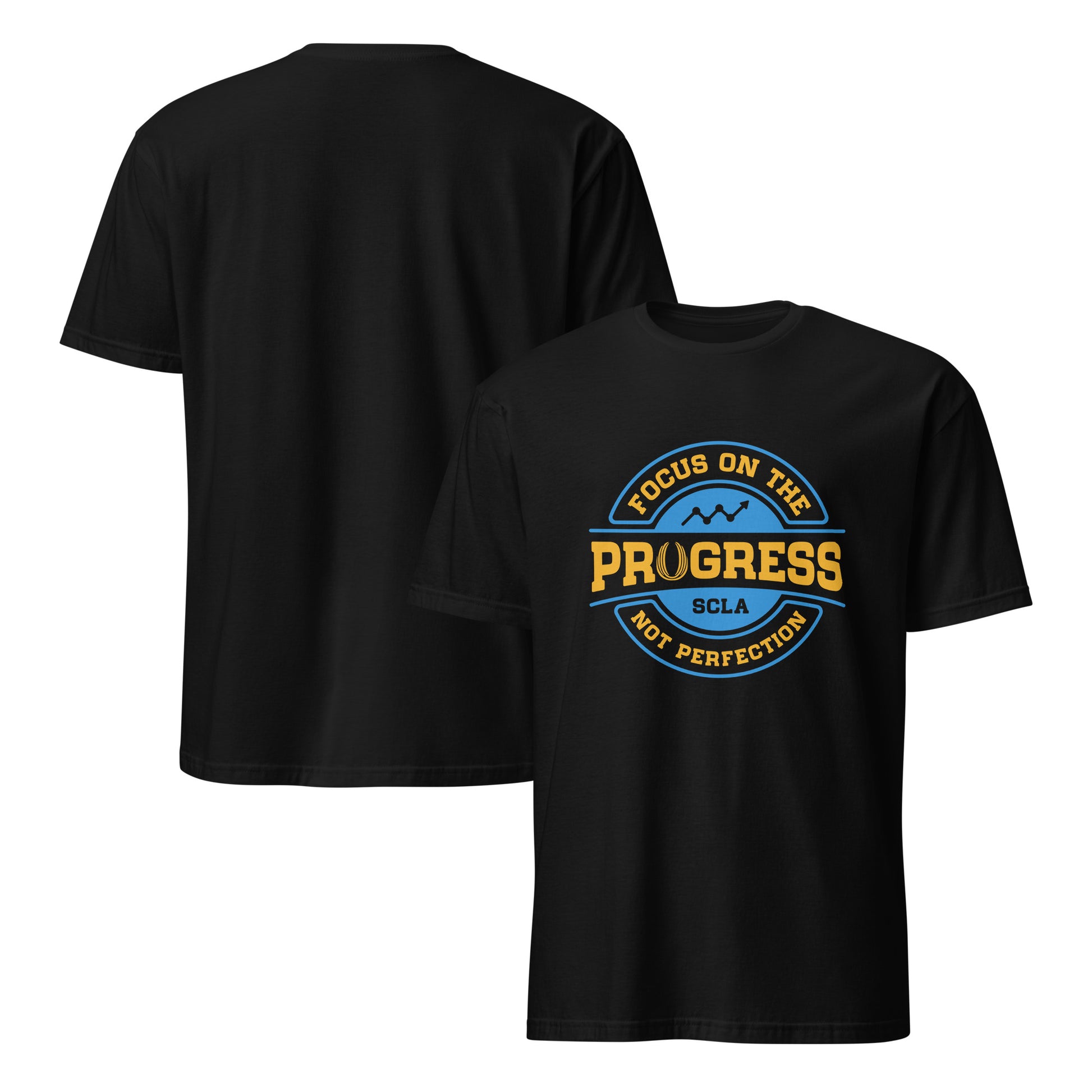 Black t-shirt with 'Focus on the Progress, Not Perfection' design on a white background