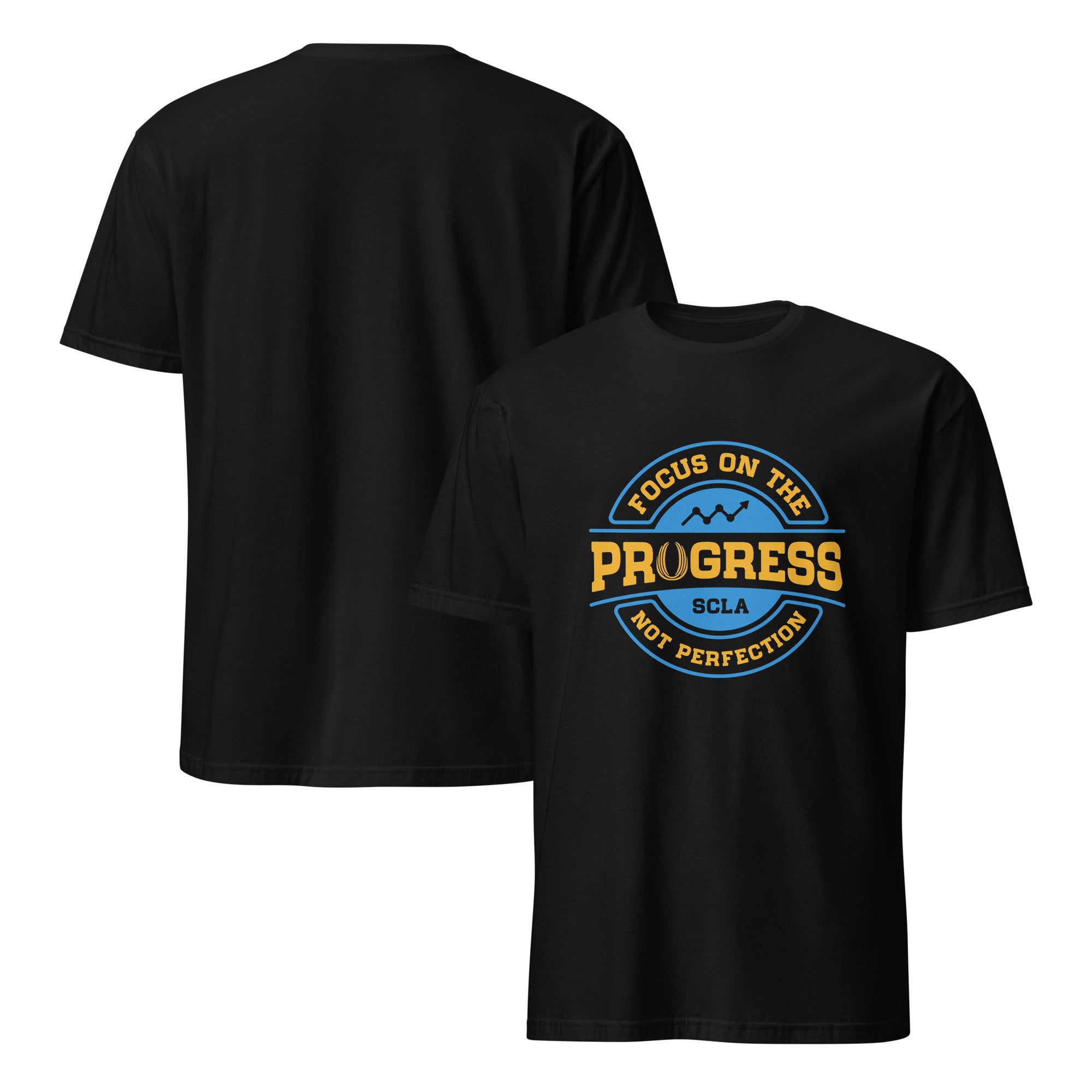 Black t-shirt with 'Focus on the Progress, Not Perfection' design on a white background