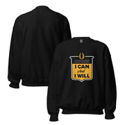 Black sweatshirt with 'I Can And I Will' slogan on a white background
