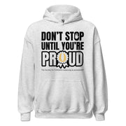 White hoodie with motivational text and logo on a white background