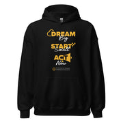 Black hoodie with yellow text and logo on a white background