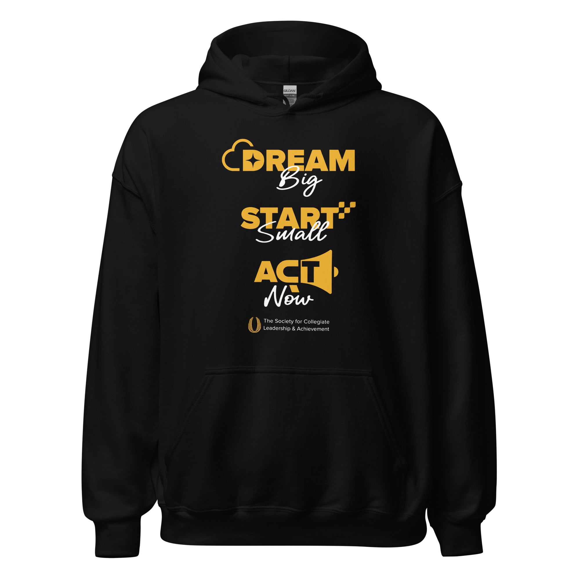 Black hoodie with yellow text and logo on a white background