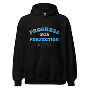 Black hoodie with 'Progress Over Perfection' text on a white background