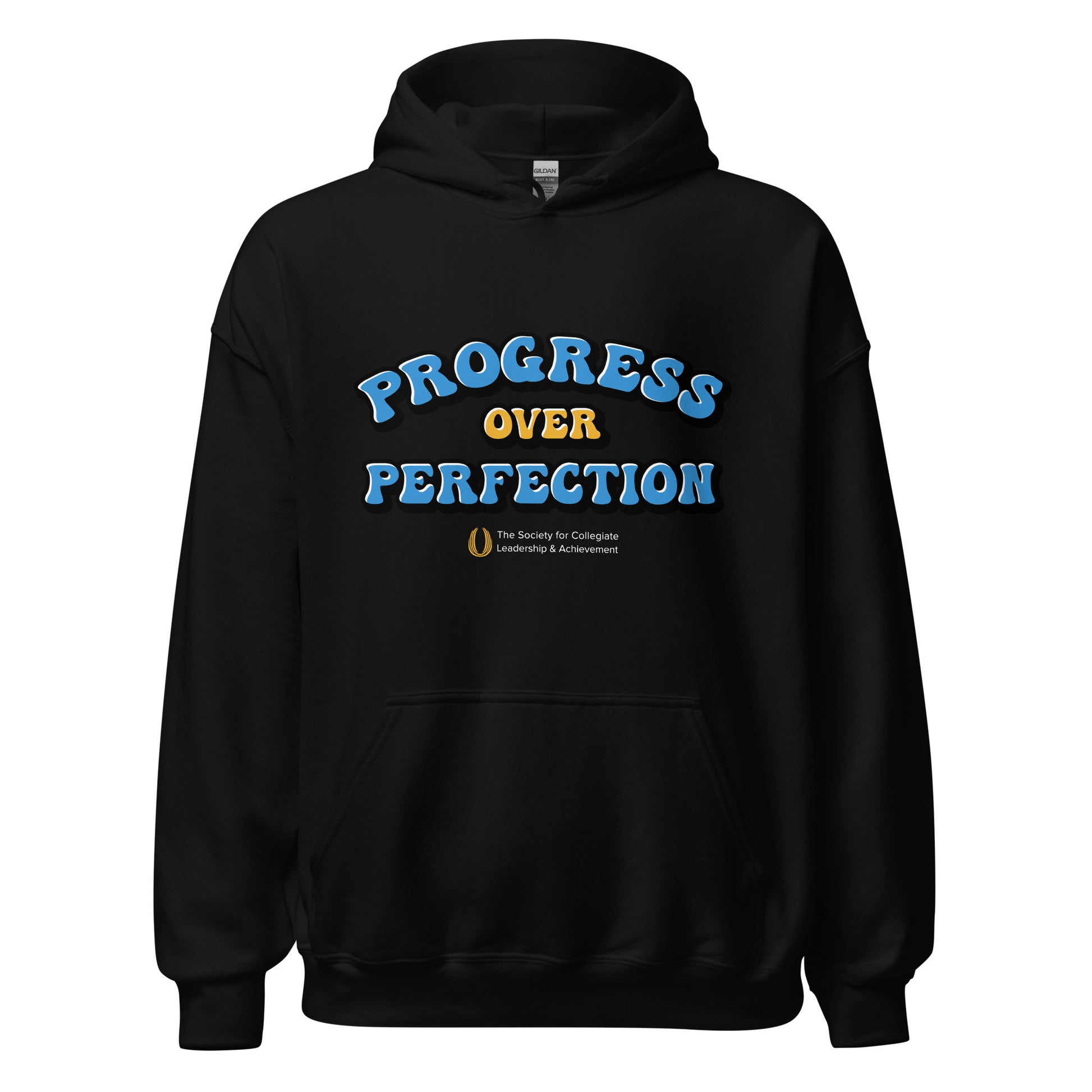 Black hoodie with 'Progress Over Perfection' text on a white background