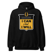 Black hoodie with yellow and white graphic and text on a white background