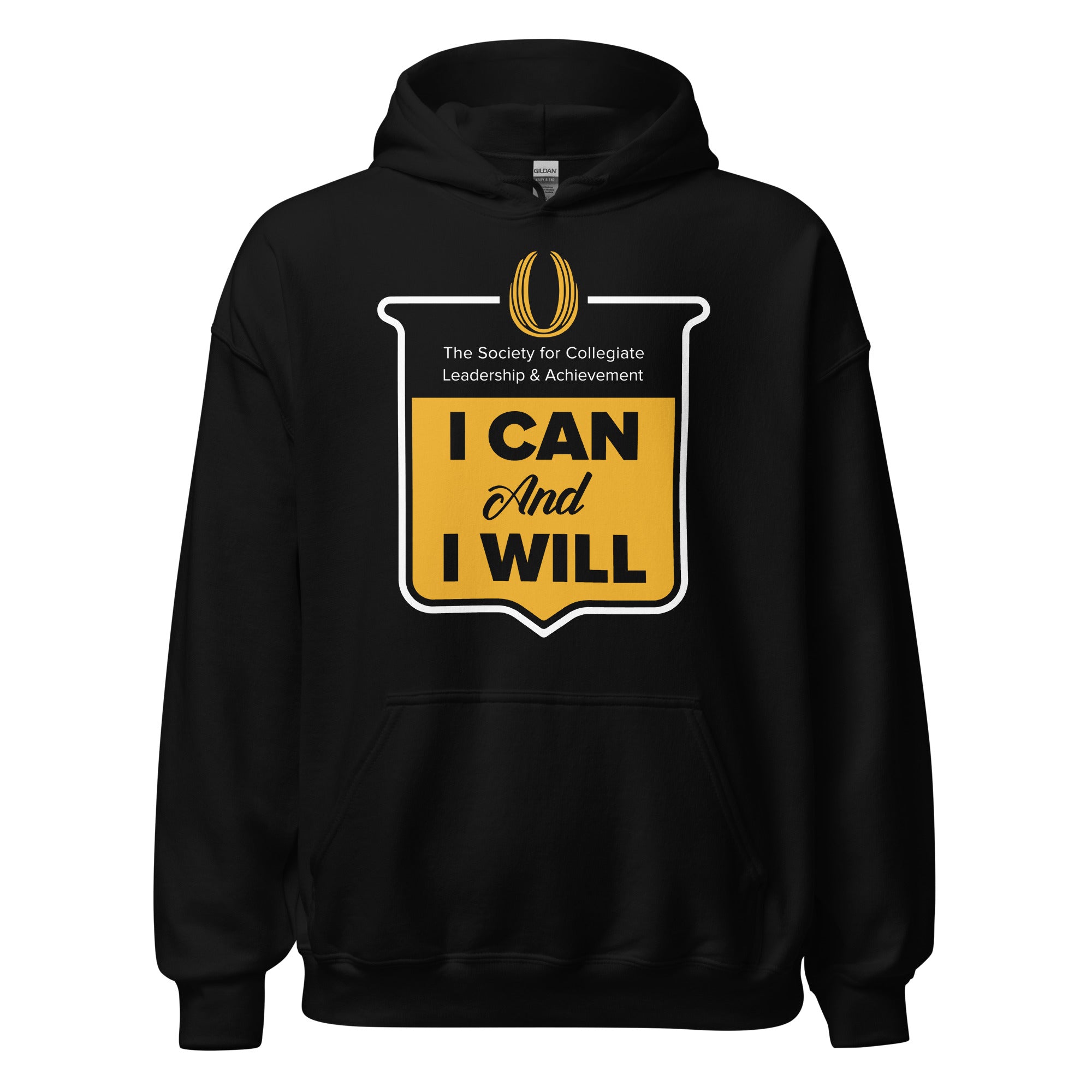 Black hoodie with yellow and white graphic and text on a white background