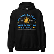 Black hoodie with motivational text and logo on a white background