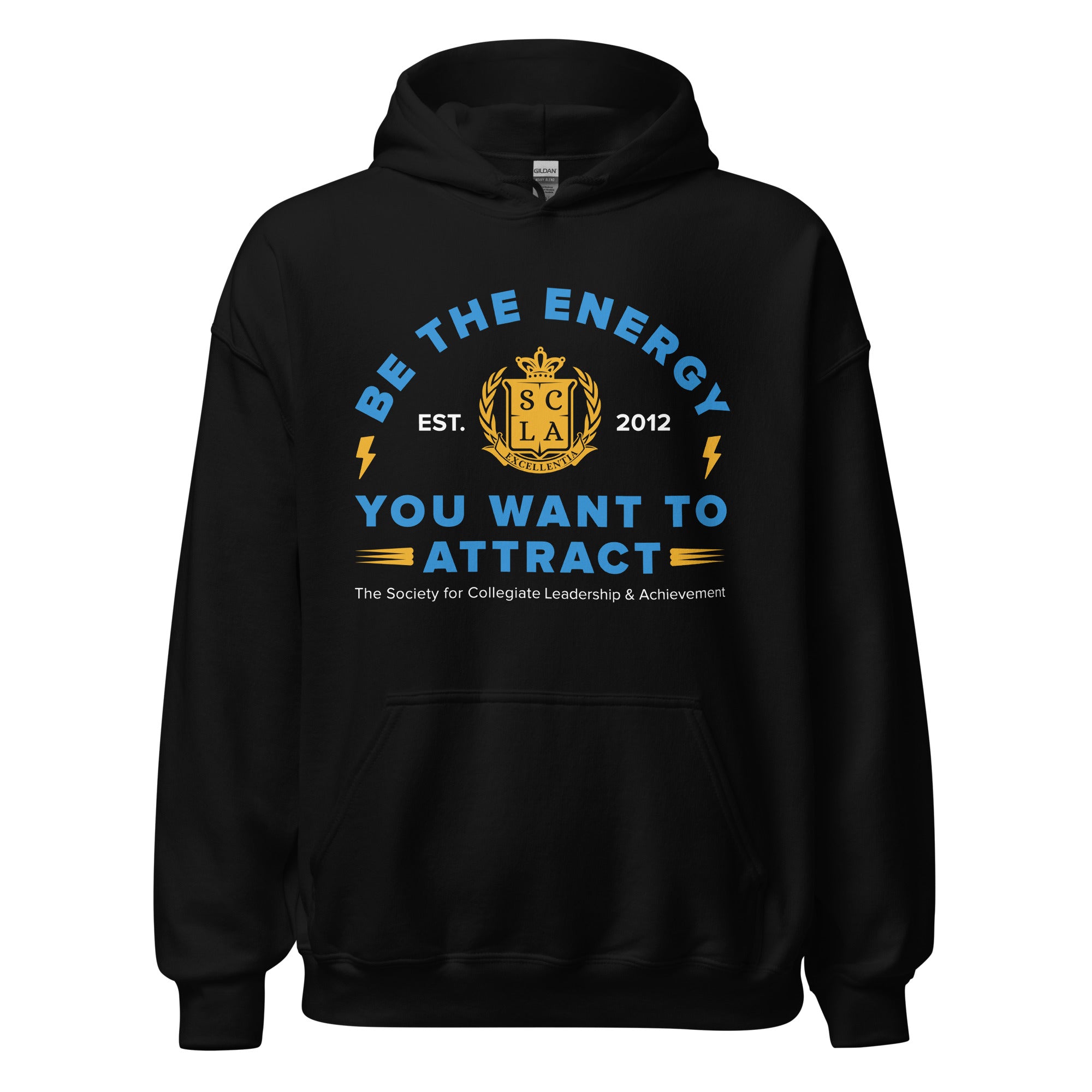 Black hoodie with motivational text and logo on a white background