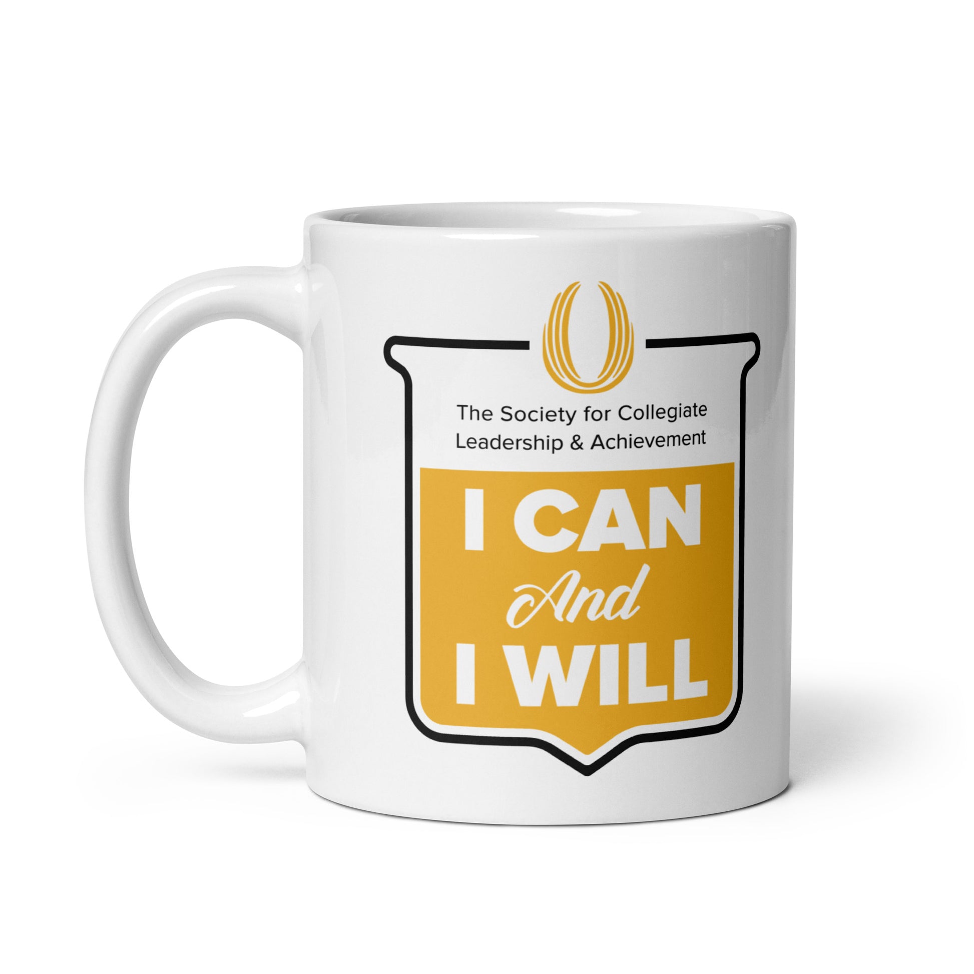 White mug with motivational quote and logo on a white background