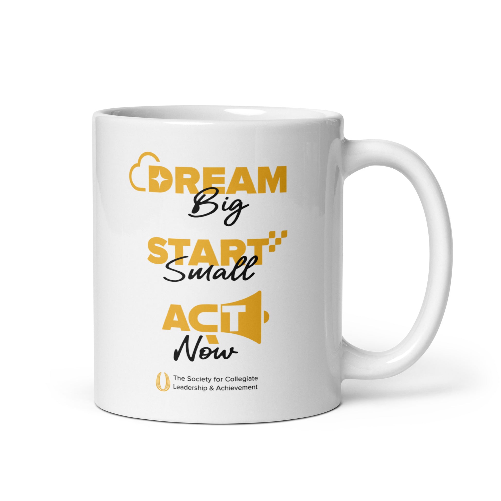White mug with motivational quote in yellow and black on a white background