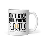 White mug with motivational quote and logo on a white background
