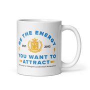 White mug with motivational quote and logo on a white background