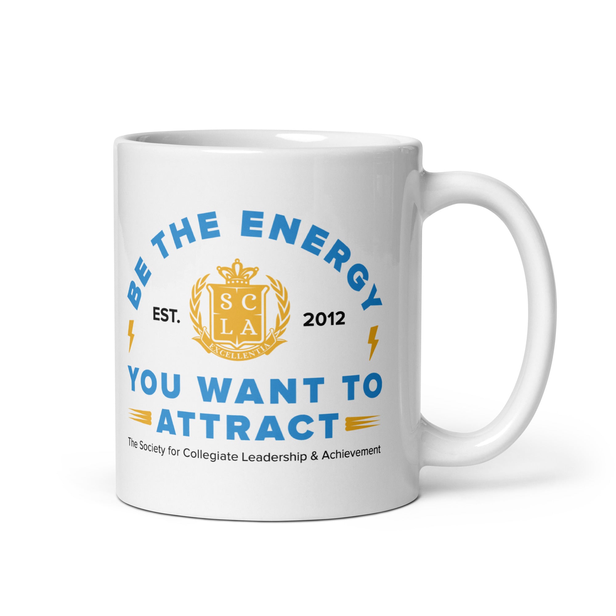 White mug with motivational quote and logo on a white background